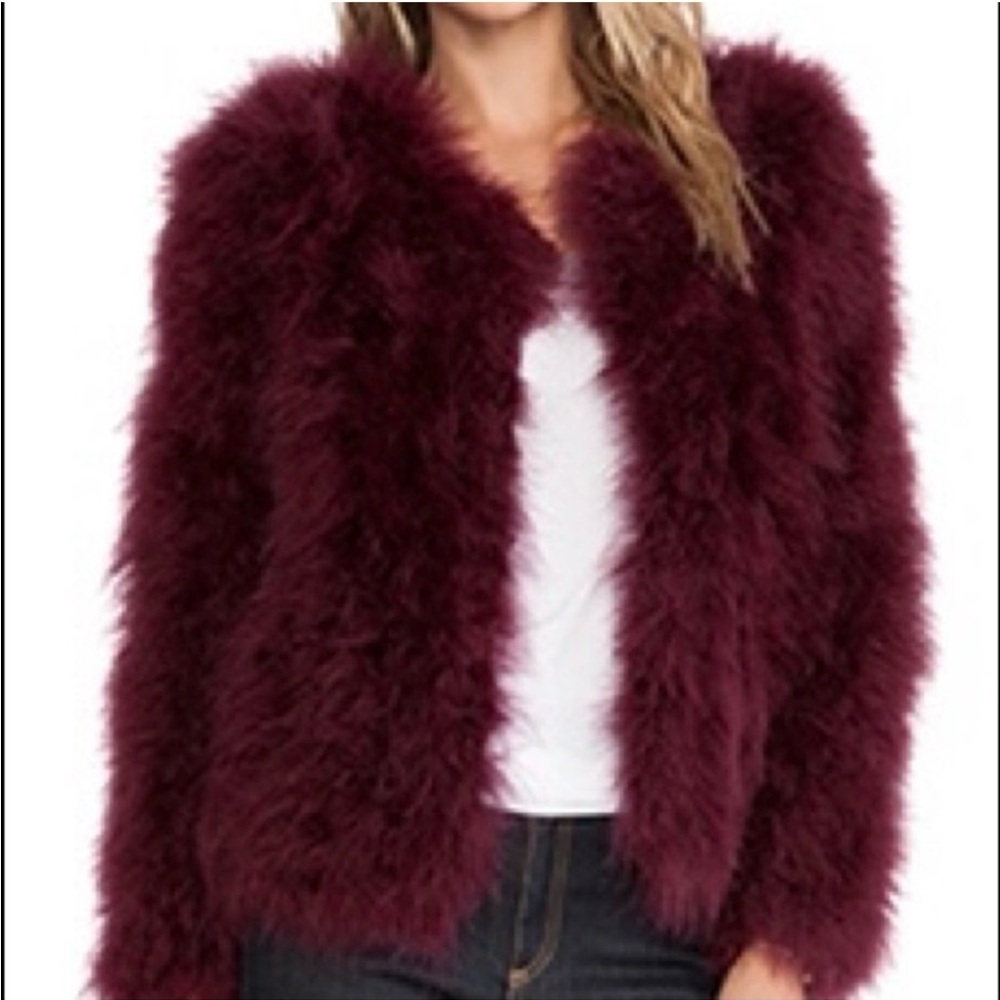 Ava Kris Genuine Fur/Feather Jacket in Burgundy, Size Medium NWOT